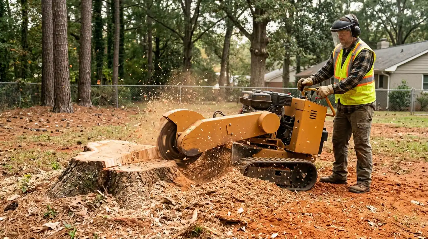 Stump grinder at work in a red clay yard