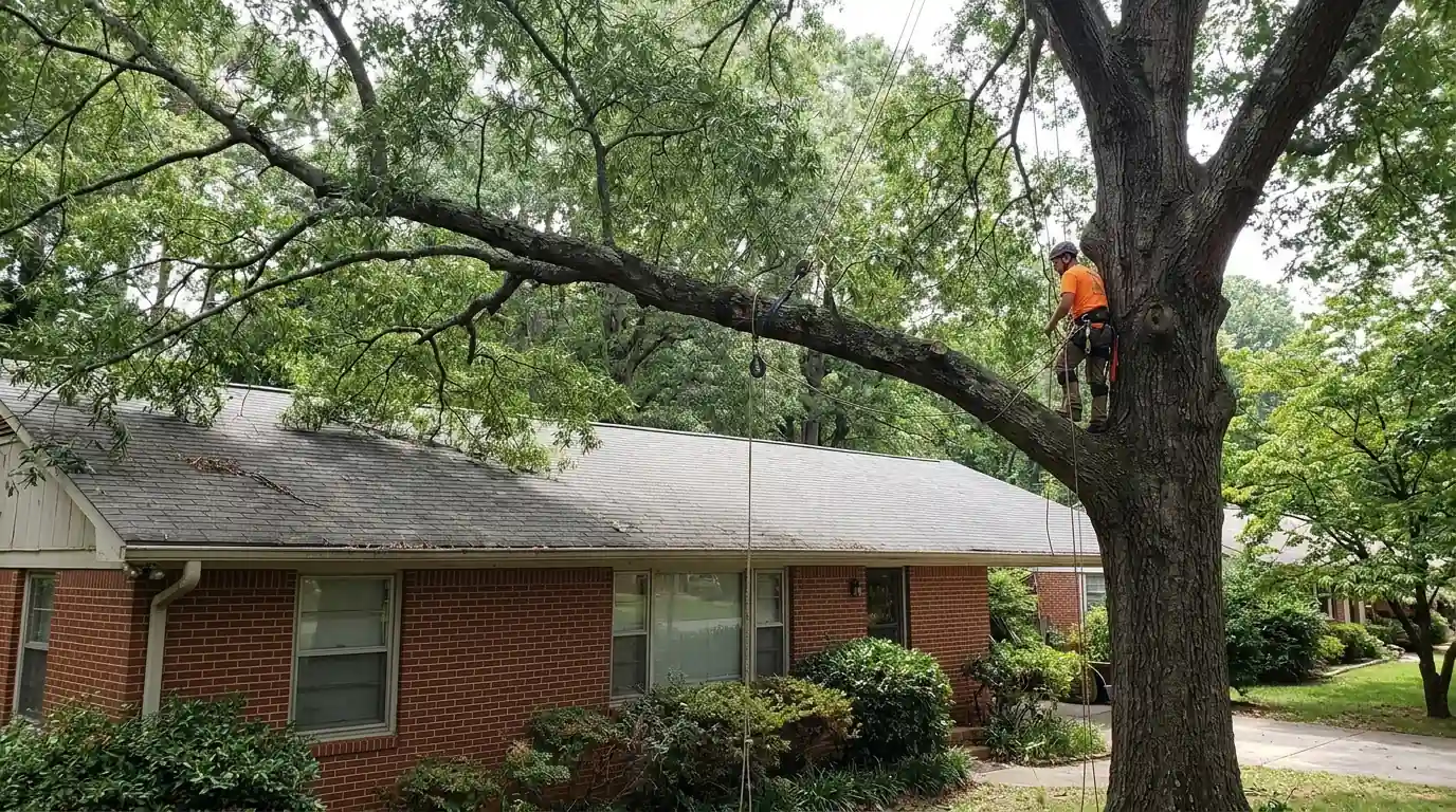 Heavy oak limb rigged for lowering over a ranch roof