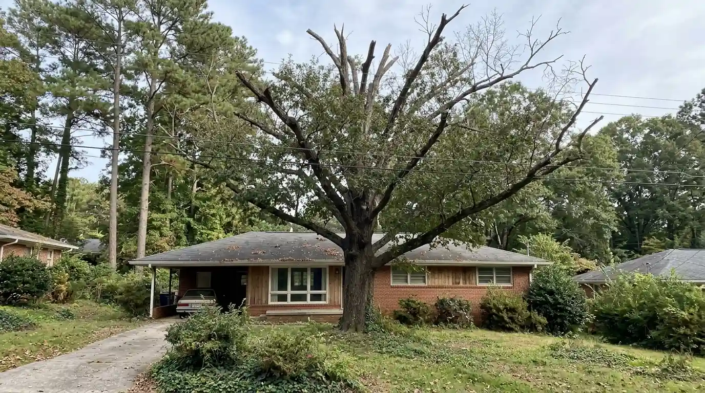 Declining water oak over a ranch house