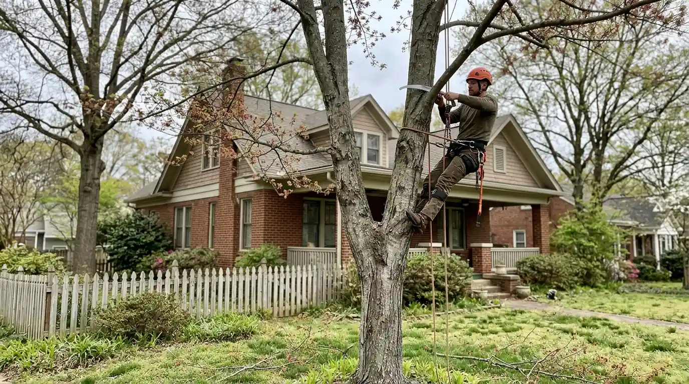 Climber shortening one stem of a forked red maple