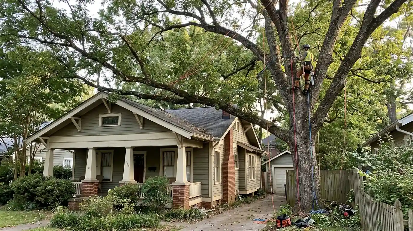 Climber pruning a pecan above a Decatur craftsman bungalow