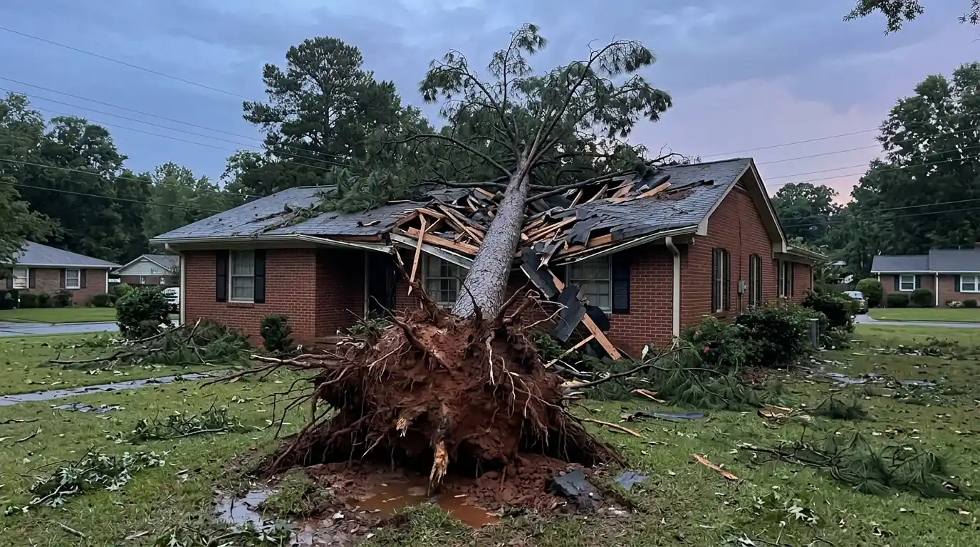 Uprooted pine lying across the roof of a brick ranch
