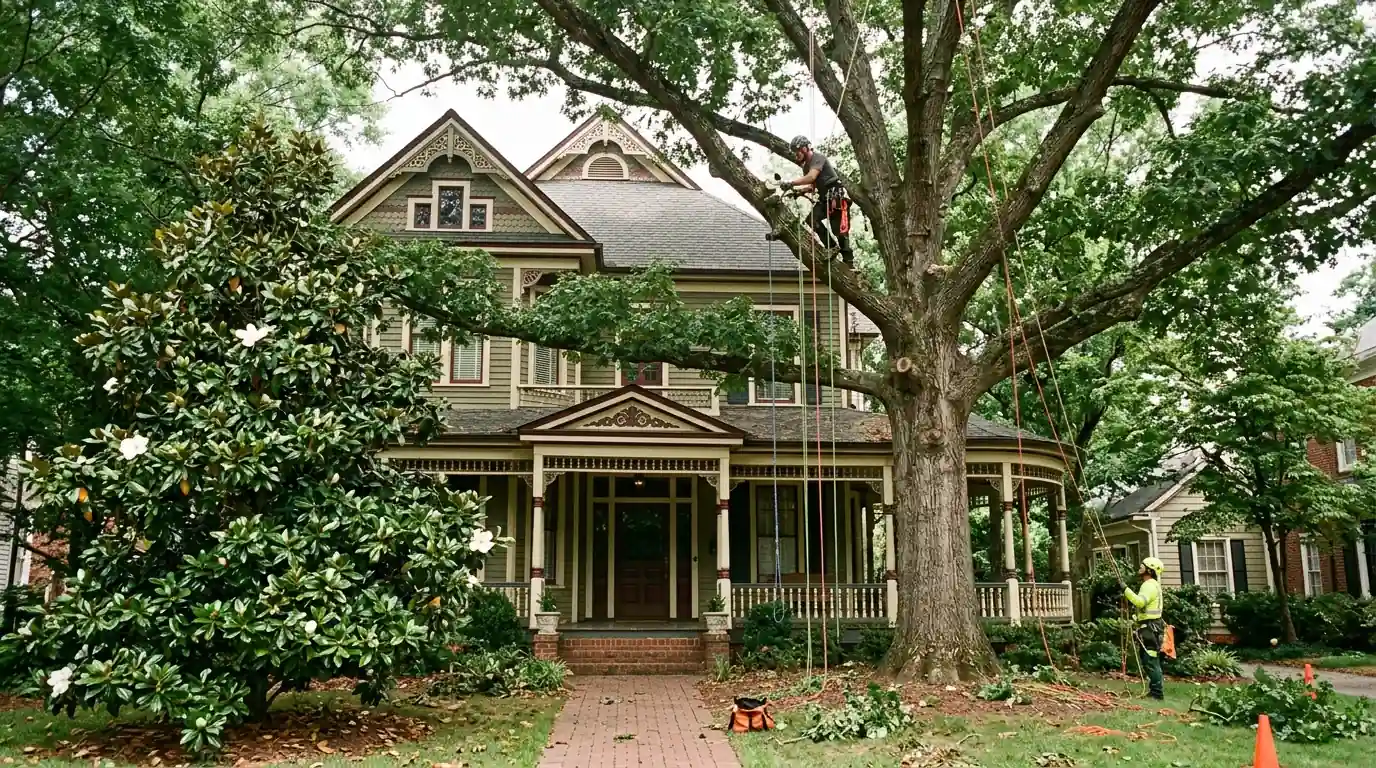Pruning an old white oak over a historic Marietta porch