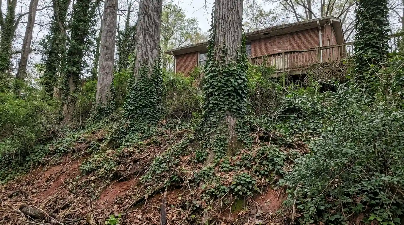 English ivy climbing tulip poplars on a wooded ravine slope
