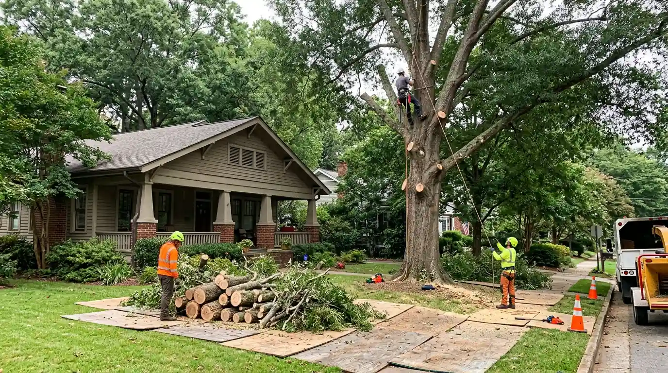 Tree crew removing a willow oak beside a craftsman home