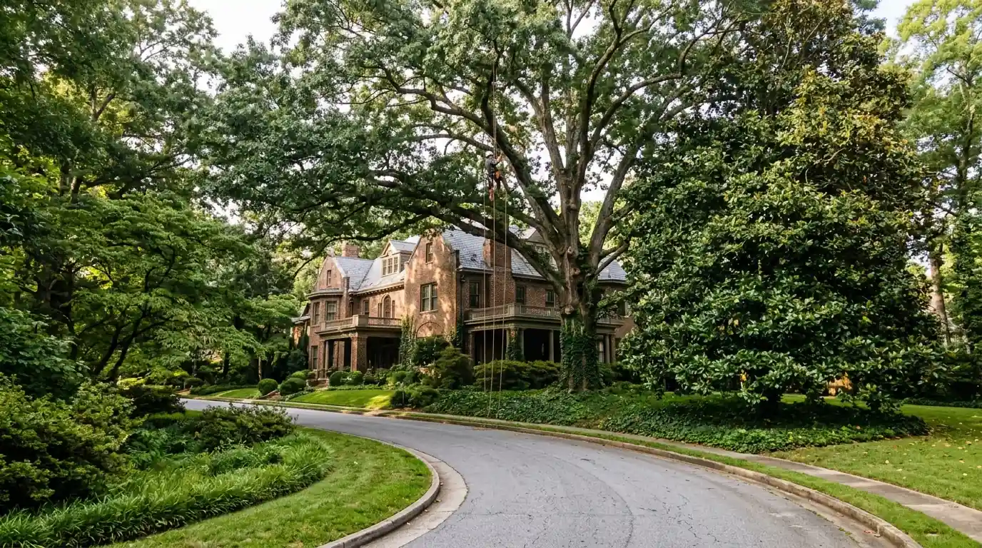 Arborist in a massive oak beside a historic Druid Hills home
