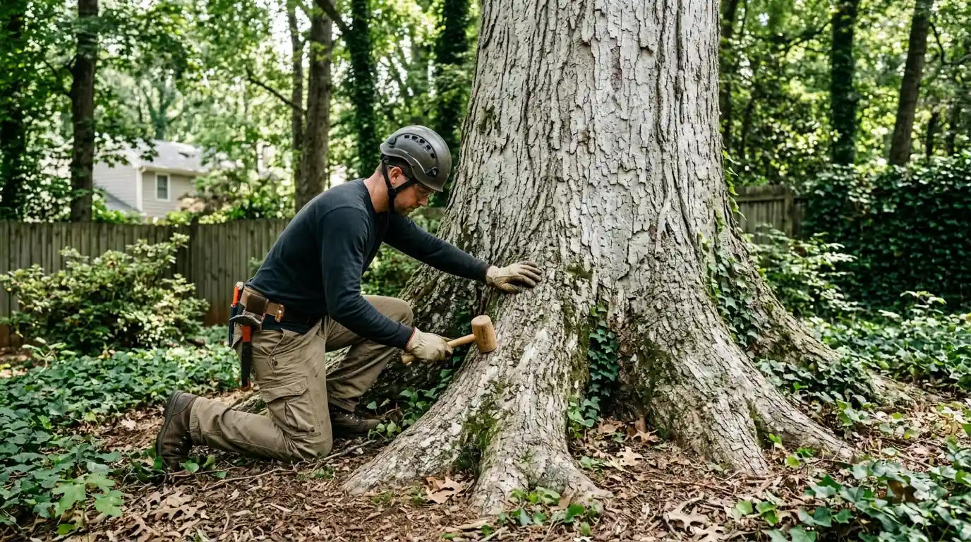 Inspecting the base of an old oak tree