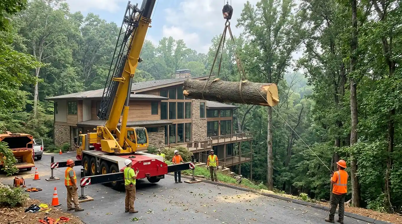 Crane lifting a poplar trunk over a home on a wooded bluff