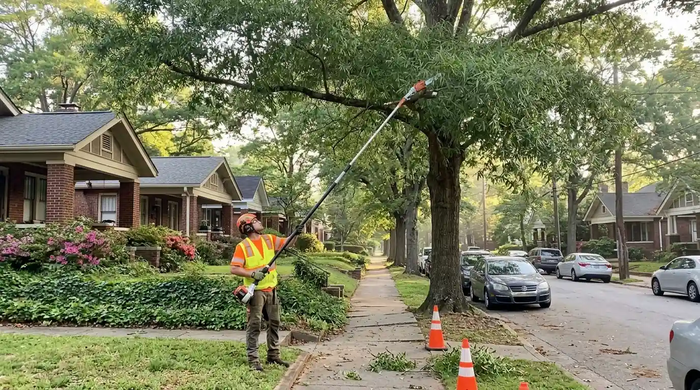 Low oak limb being cut back over a city sidewalk