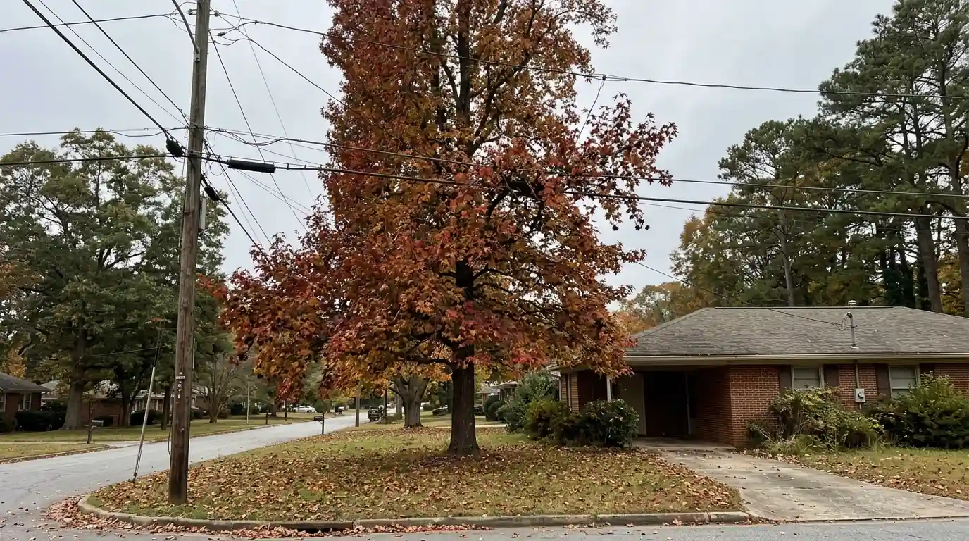 Sweetgum growing through the service wire to a brick ranch