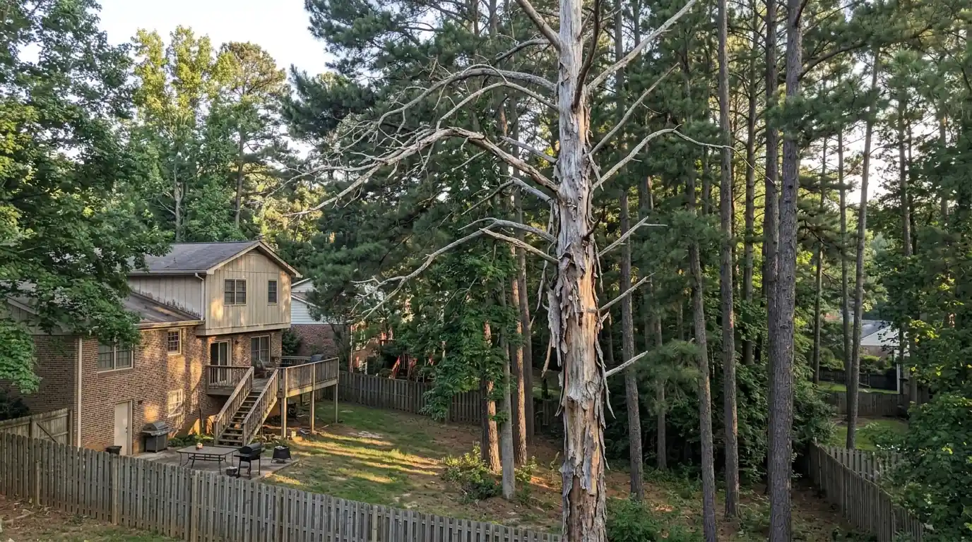 Dead gray pine standing among green pines behind a house