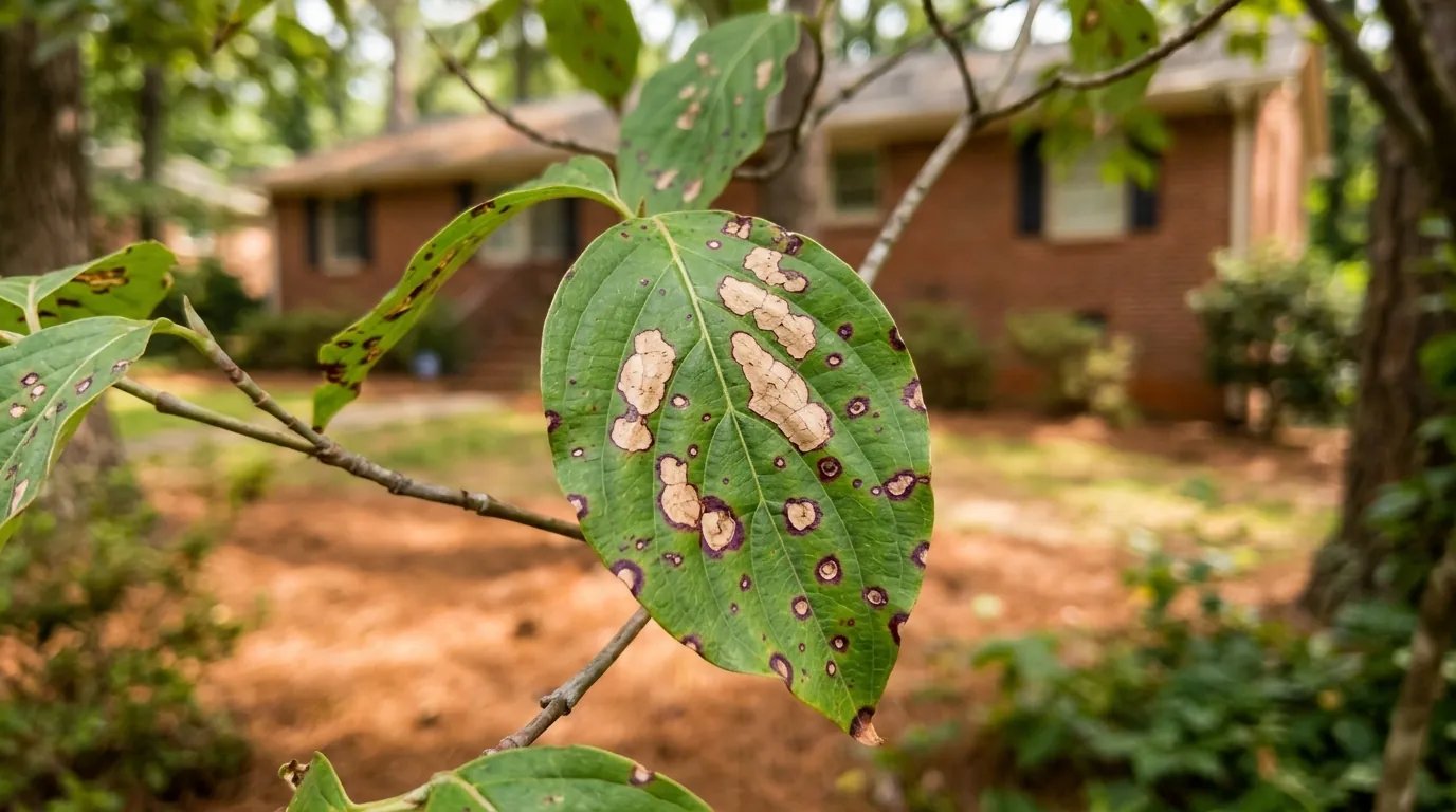 Dogwood leaf showing tan blotches from anthracnose