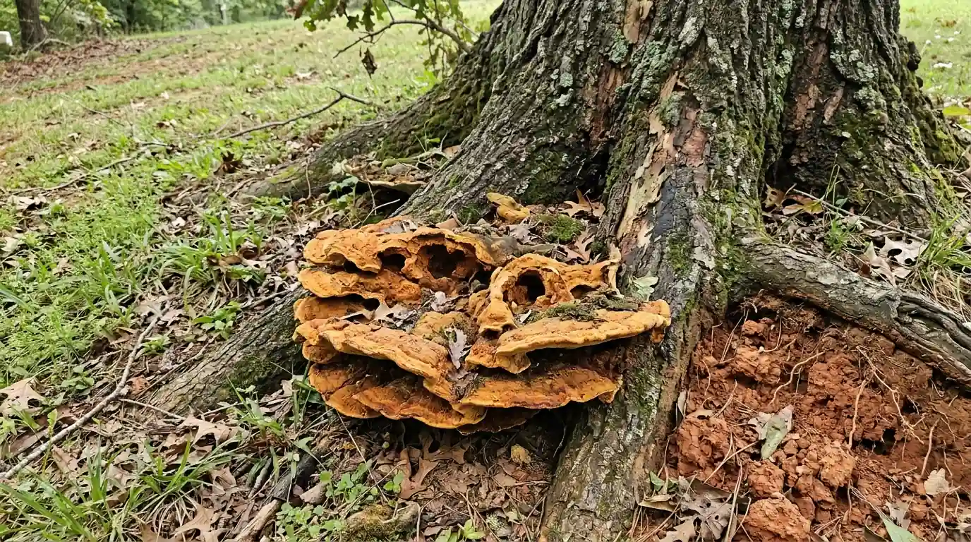 Hollow oak base with bracket fungus and lifted clay soil