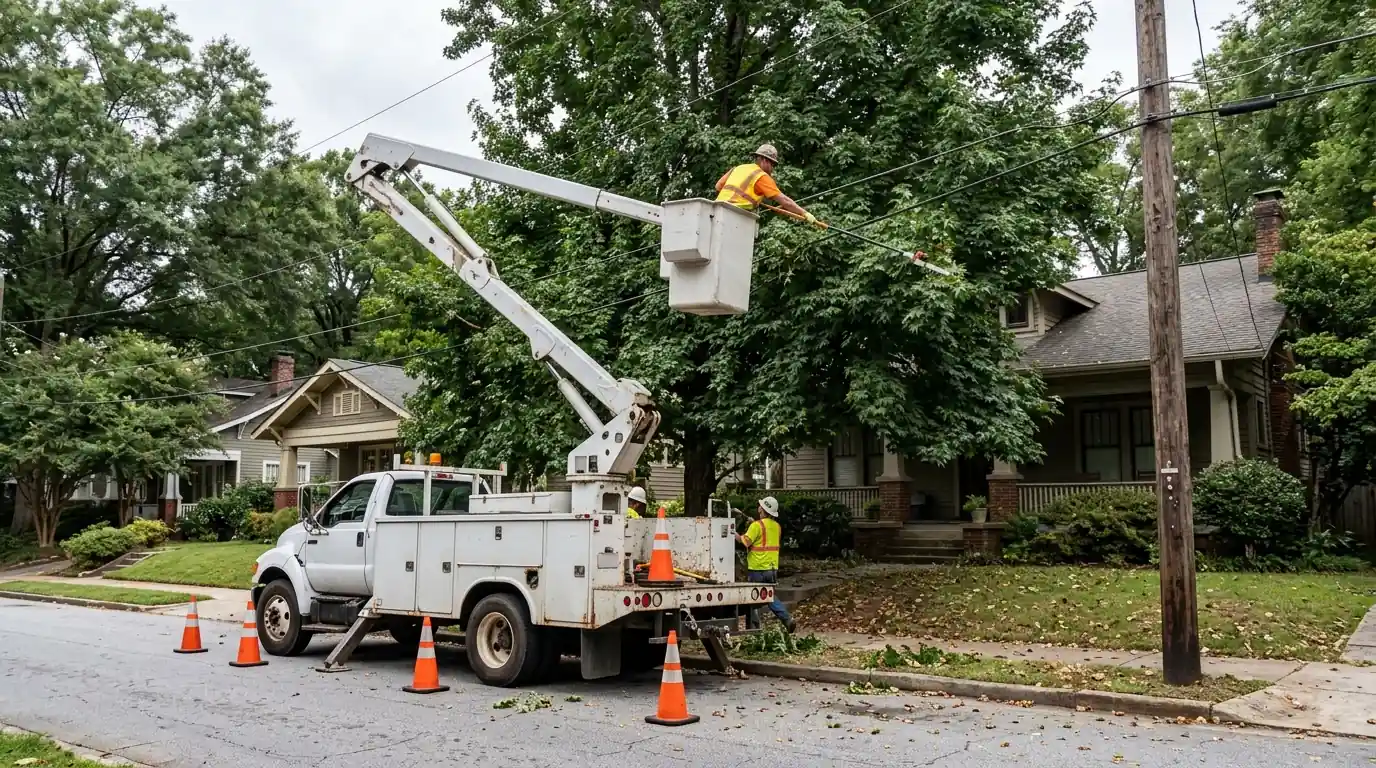Bucket truck trimming near a service line