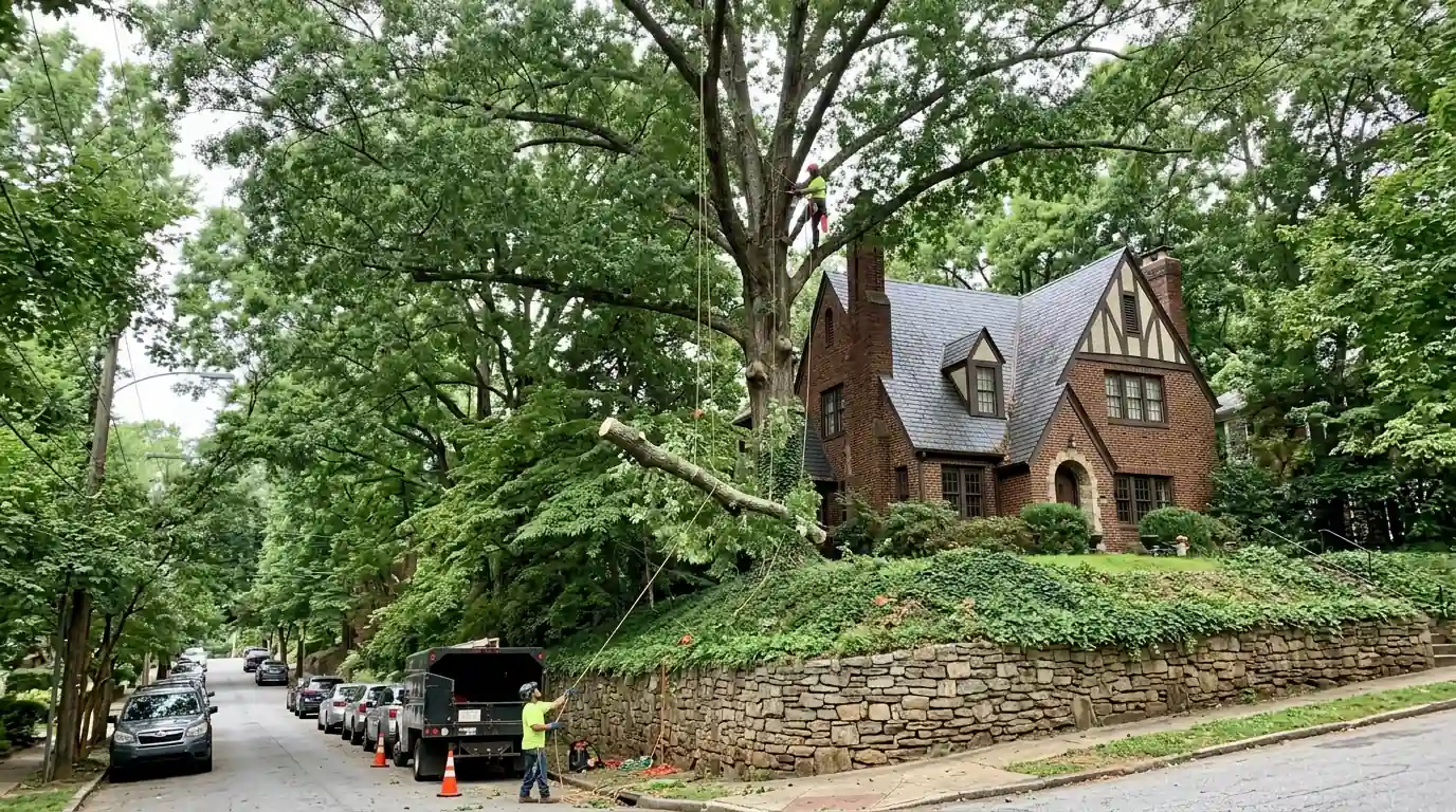 Climber above a slate roofed Tudor lowering oak limbs on rope