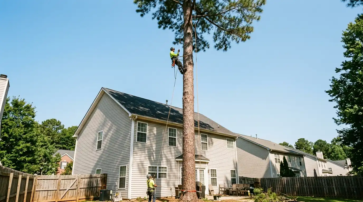 Climber near the top of a tall loblolly pine by a house