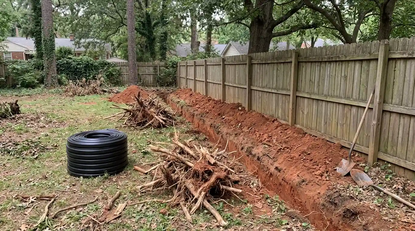 Trench along a fence with bamboo rhizomes and root barrier