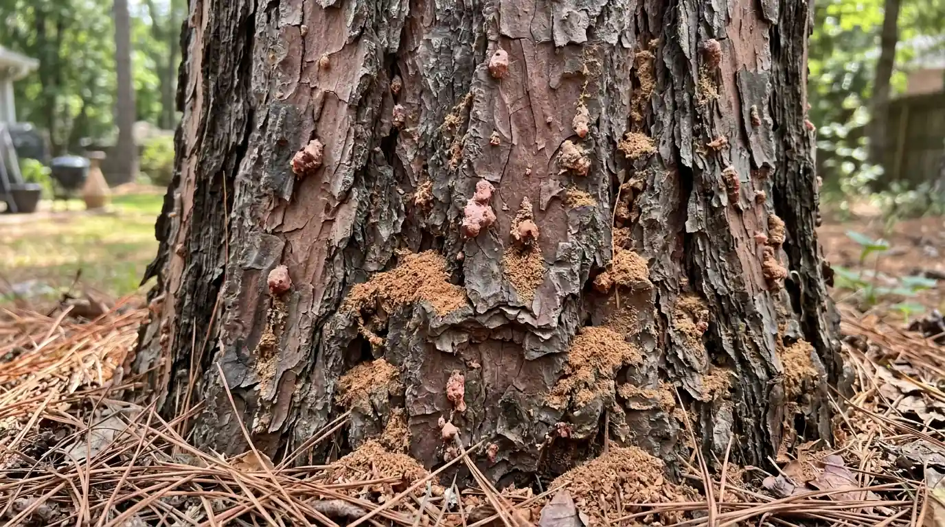 Pitch tubes and sawdust in the bark of a dying pine