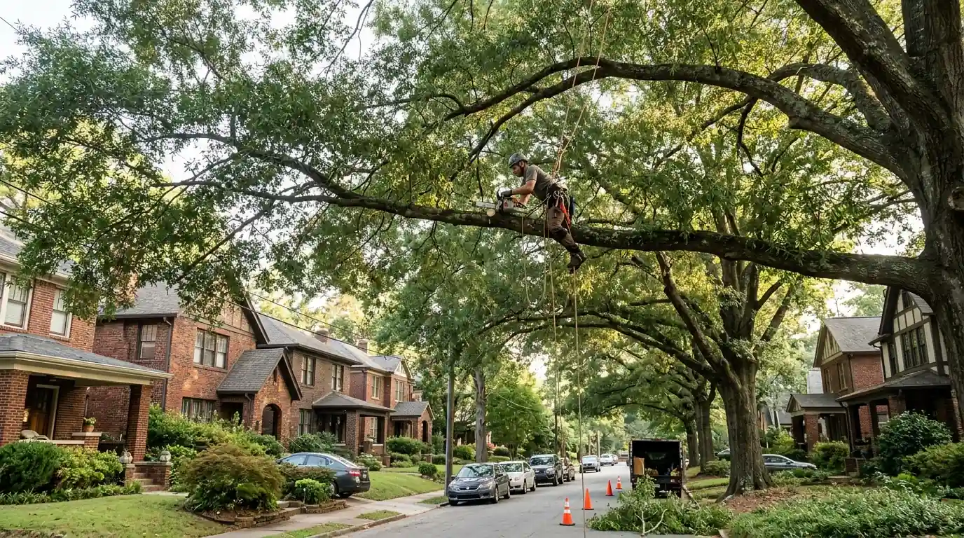 Climber pruning a willow oak limb arching over a residential street