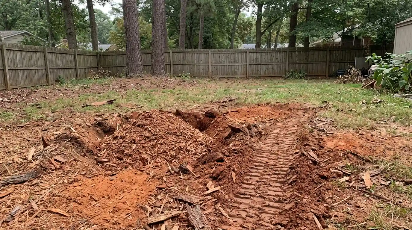 Ground stump hole with wood chips and red clay