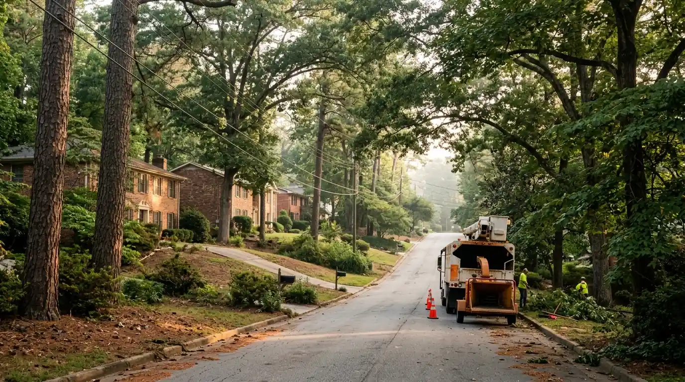 Tree crew truck on a wooded north metro Atlanta street