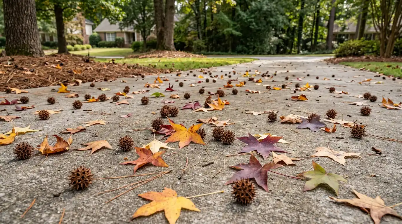 Sweetgum leaves and gumballs on a driveway