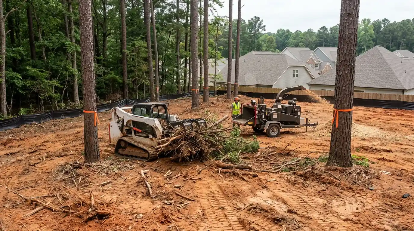 Clearing a wooded Buford building lot with keeper pines flagged
