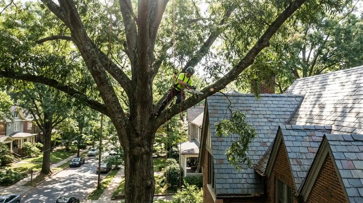 Arborist trimming a willow oak over a roof