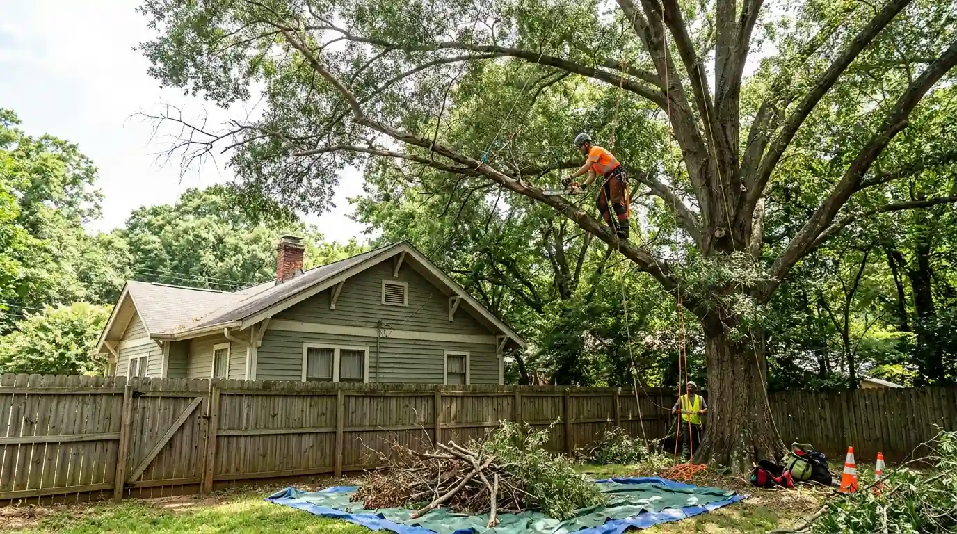 Arborist cutting dead limbs from a willow oak over a backyard