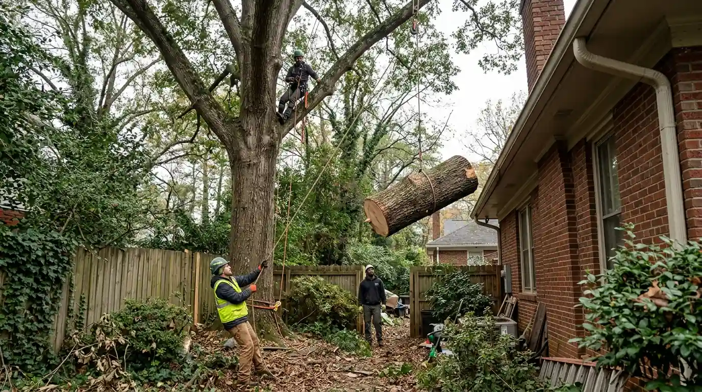 Crew lowering an oak trunk section past a roofline