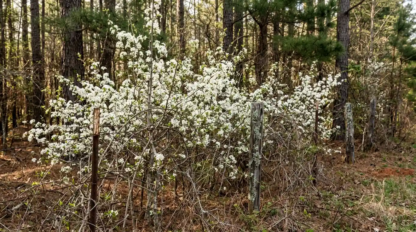 Thicket of blooming Callery pear saplings along a fence line