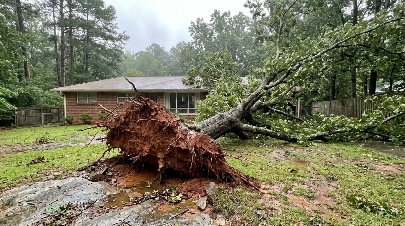 Uprooted oak showing a shallow root plate over granite