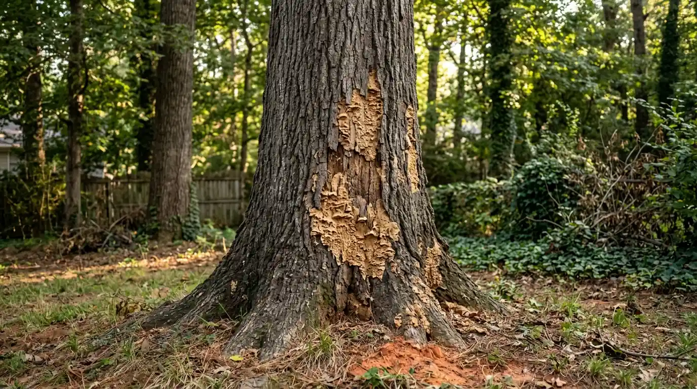 Oak trunk with bark sloughing off over a fungal canker