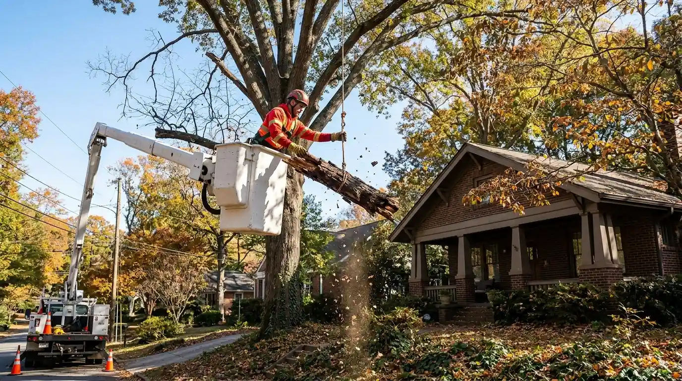 Arborist in a lift lowering a brittle dead oak limb