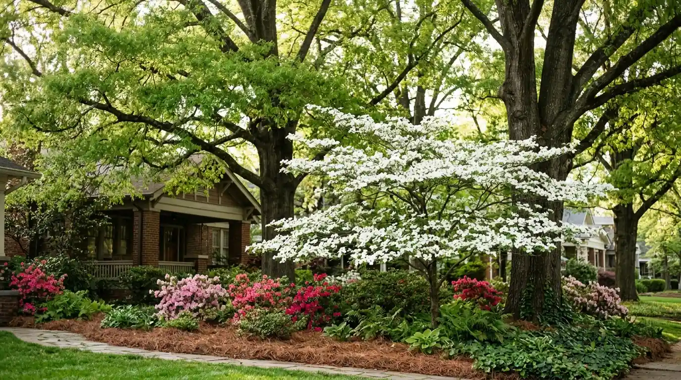 Dogwood in bloom under oaks