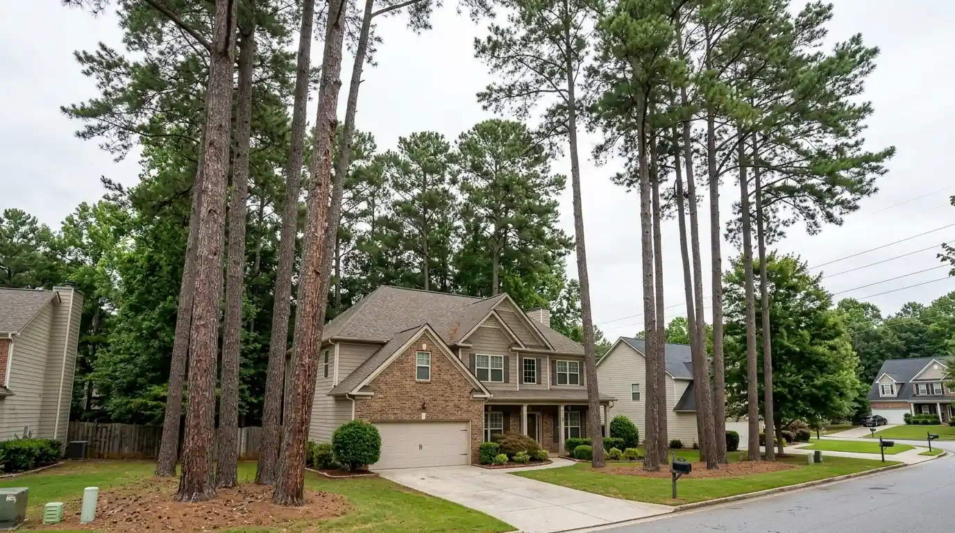Tall loblolly pines over a house