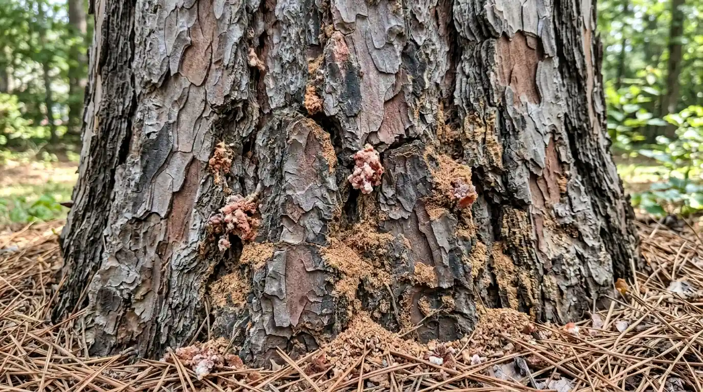 Pitch tubes and boring dust on loblolly pine bark