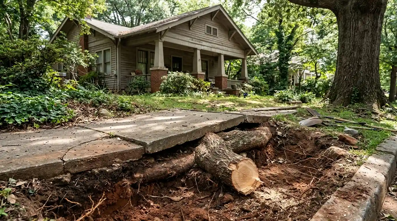 Oak root exposed beside a lifted concrete sidewalk slab