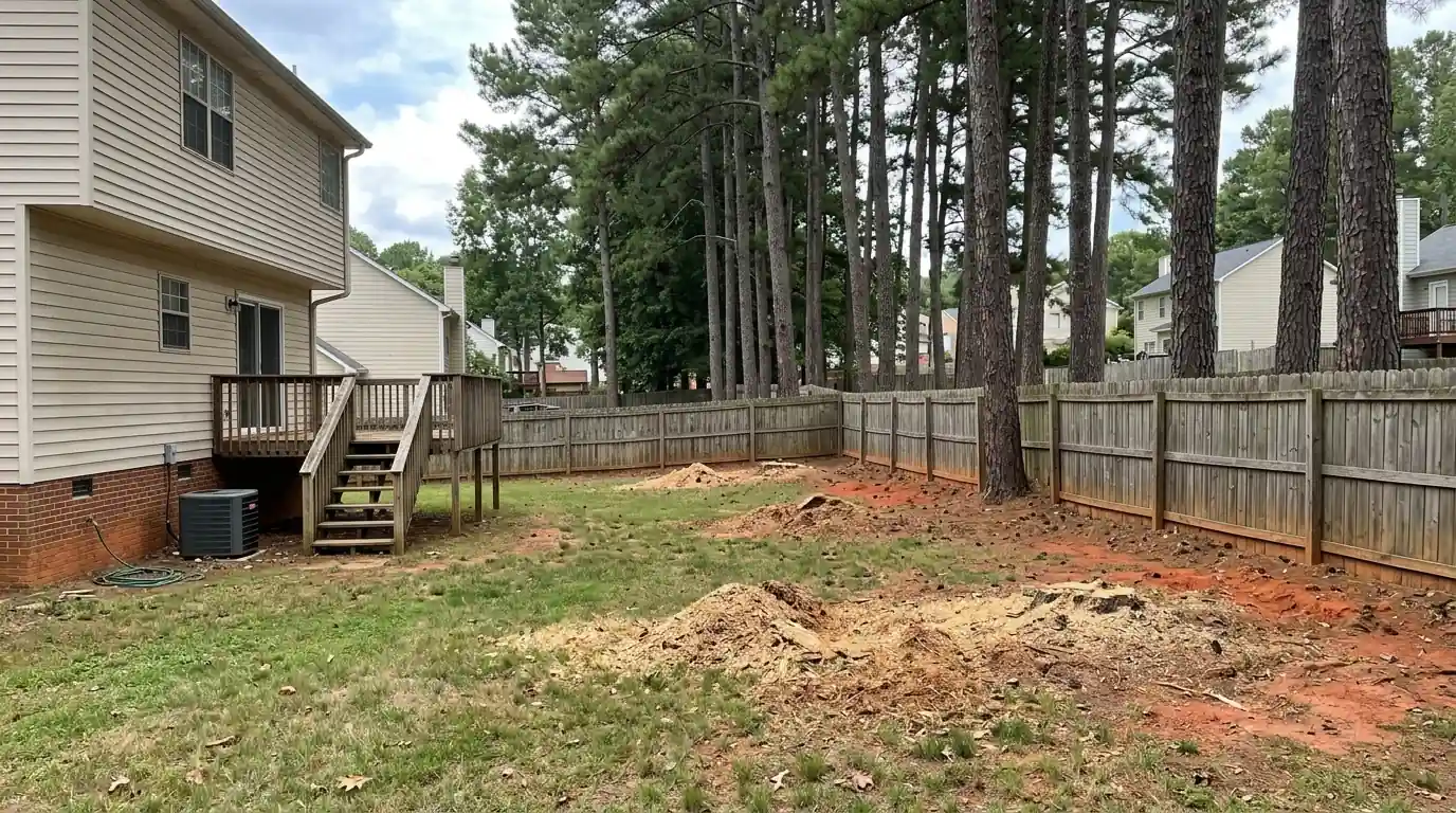 Tall pines and a freshly ground stump behind a Gwinnett home