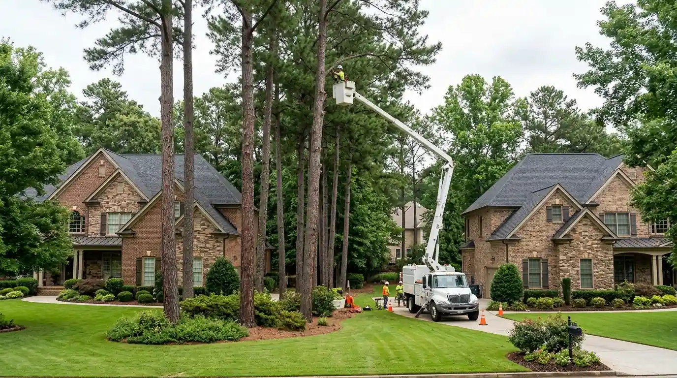 Tall pine row between two large Alpharetta subdivision homes