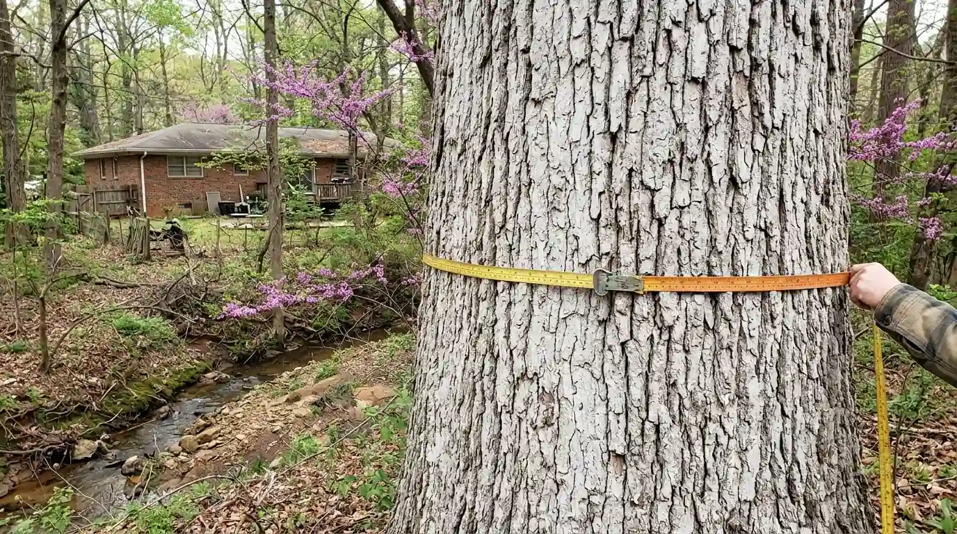 Measuring a large white oak trunk behind a DeKalb ranch home