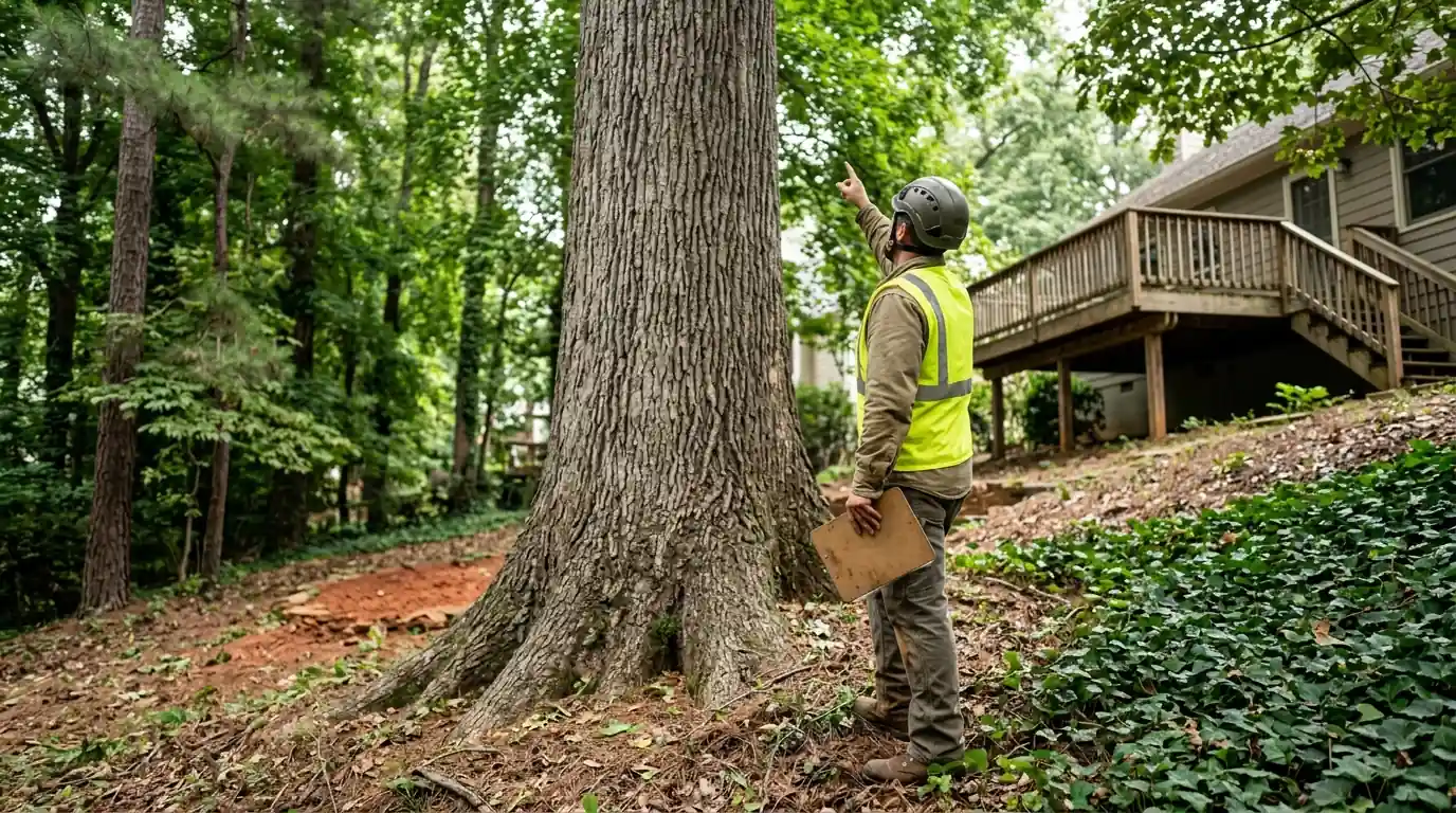 Crew lead and homeowner looking up at a tall poplar