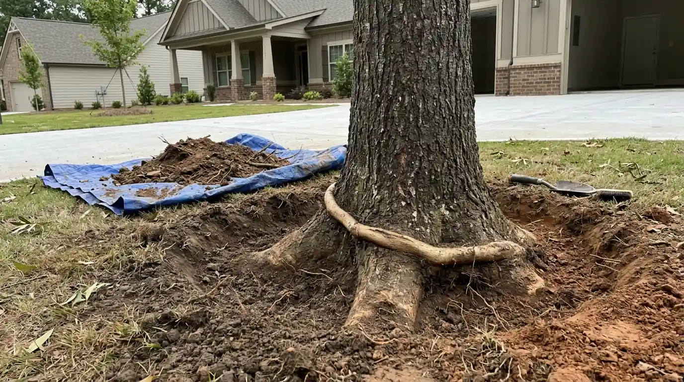 Uncovered willow oak flare with a girdling root across the base