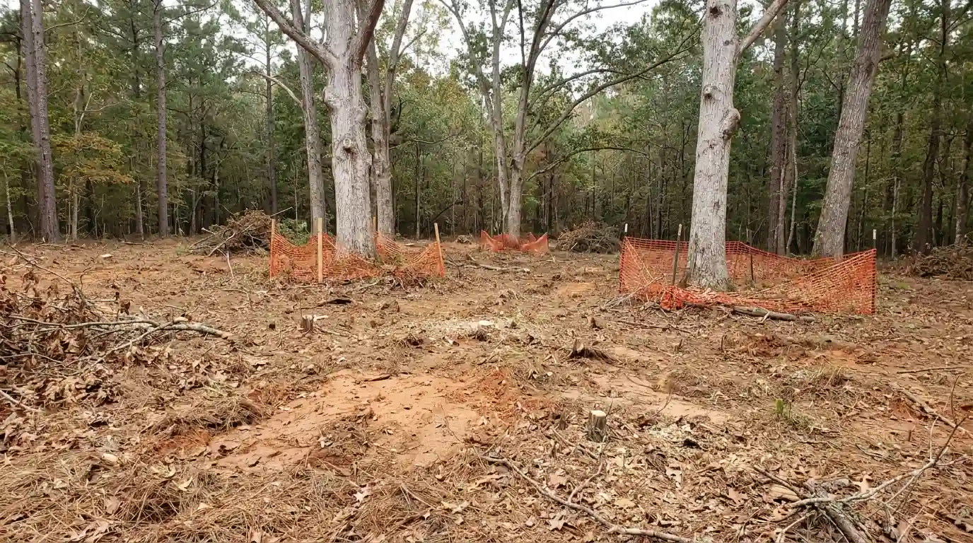Partly cleared wooded lot with oaks fenced for protection