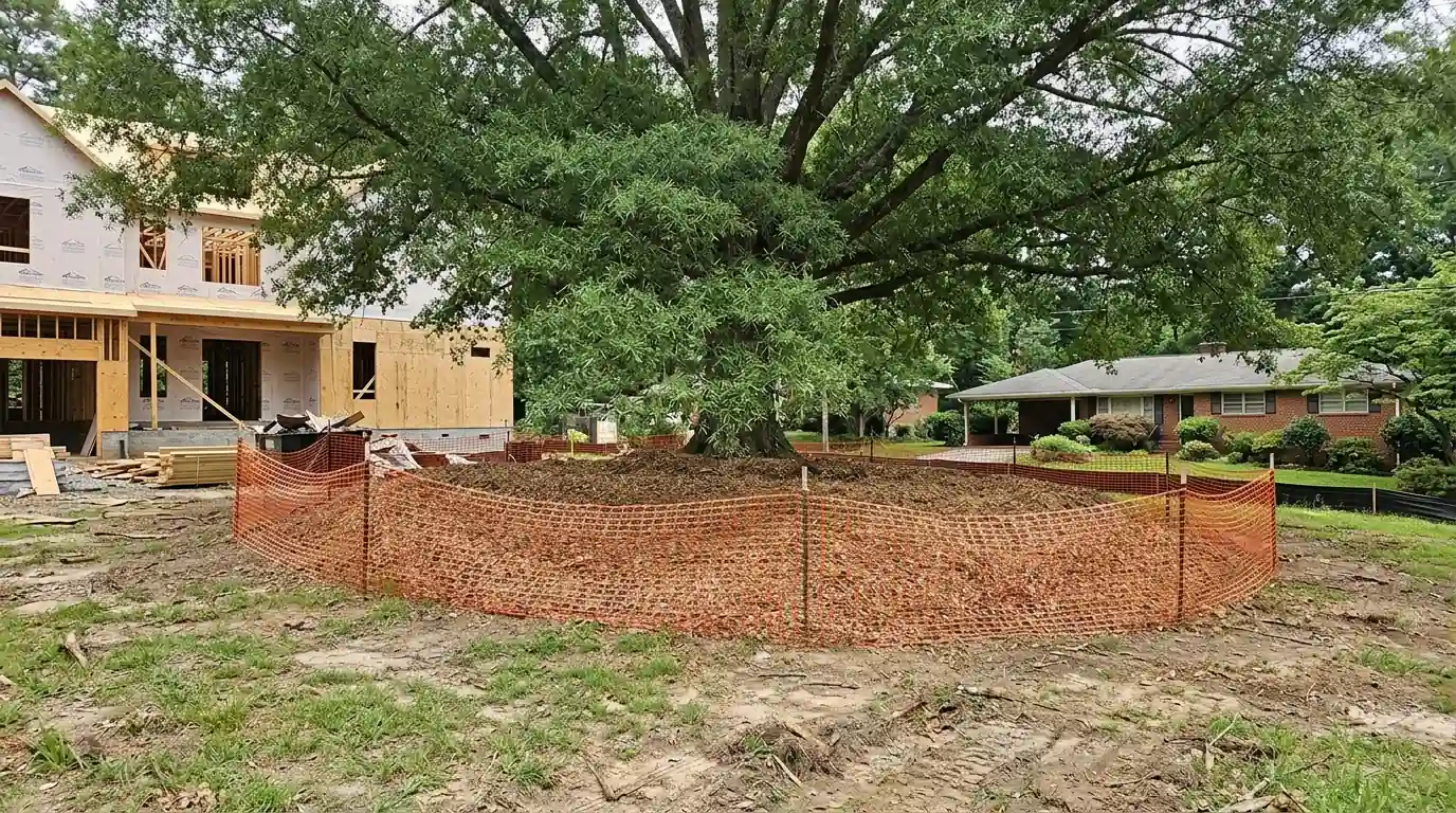 Protection fence around a willow oak on a Smyrna rebuild lot