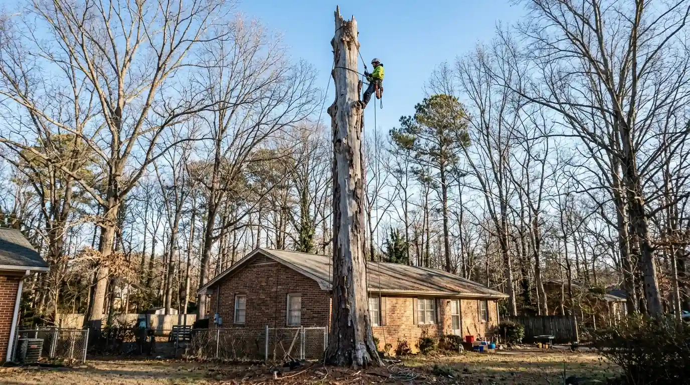 Dead pine snag being rigged over a small brick home