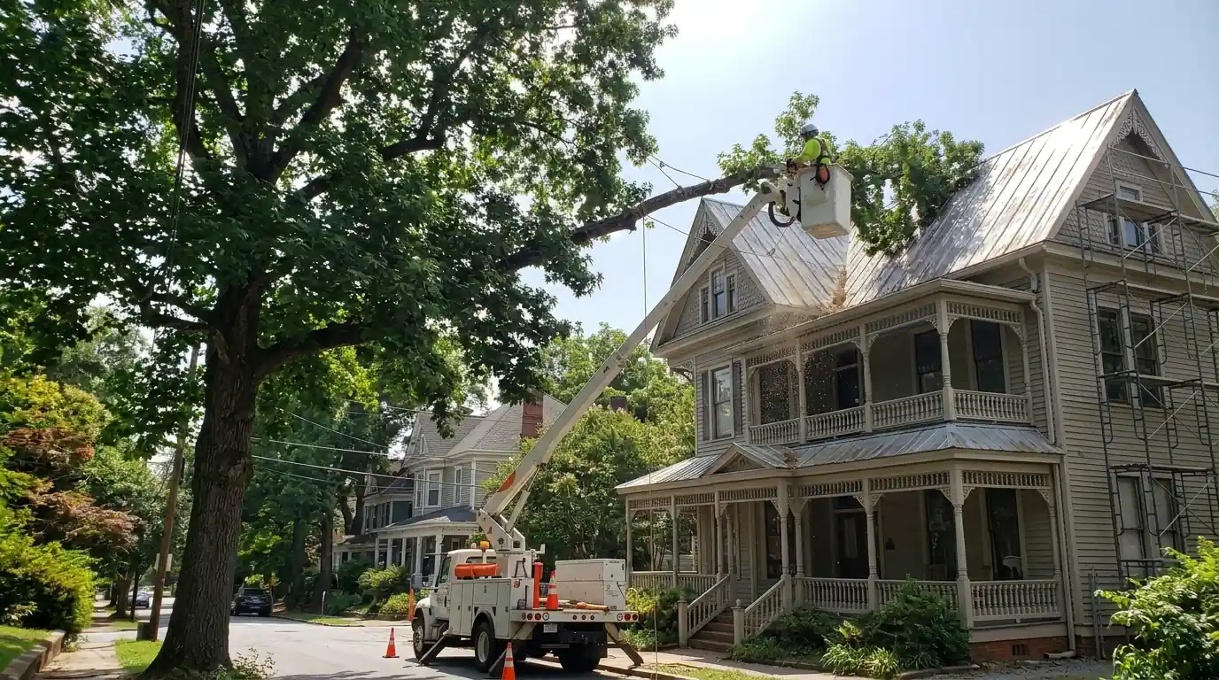 Bucket truck trimming a sweetgum limb off a Victorian roof