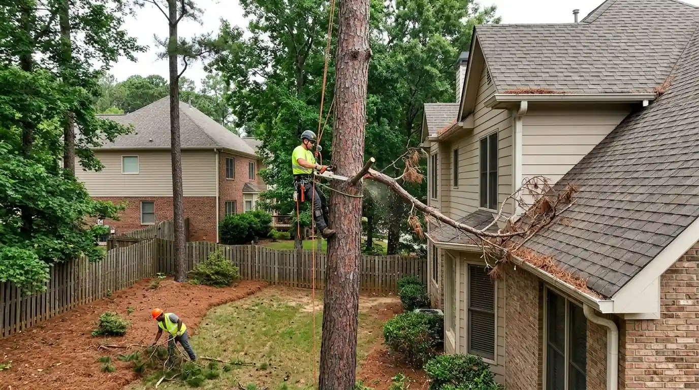 Trimming a pine standing a few feet from a Suwanee home