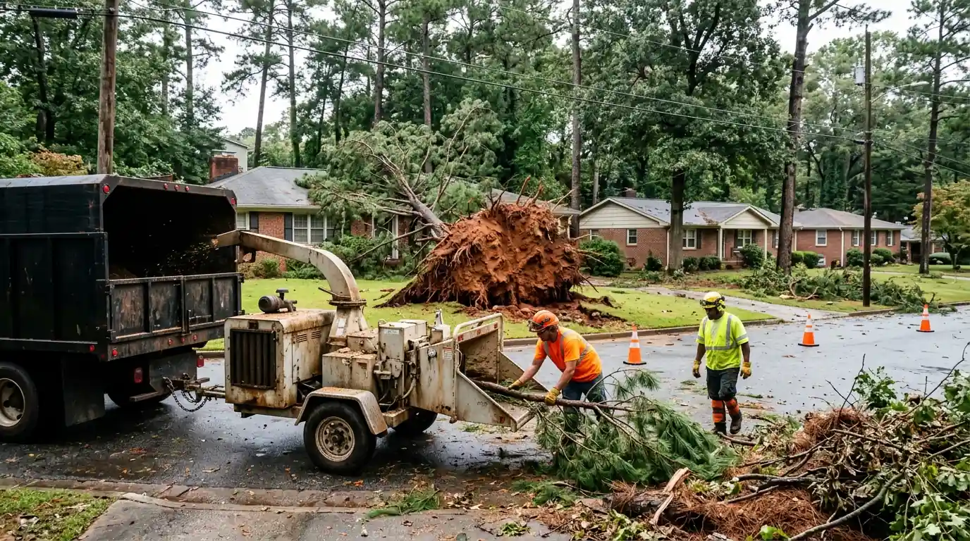 Crew chipping storm limbs beside an uprooted pine