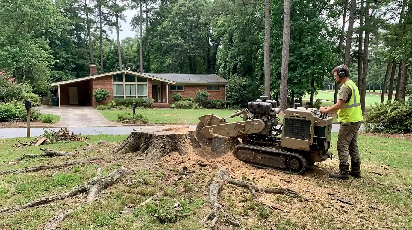 Stump grinder on an oak stump in a ranch home lawn